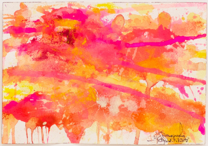 J. Steven Manolis, Flamingo 1832-2016 (Key West) 7.10.02, watercolor painting on paper, 7 x 10 inches, Pink and orange Abstract Art, Tropical Watercolor paintings for sale at Manolis Projects Art Gallery, Miami, Fl