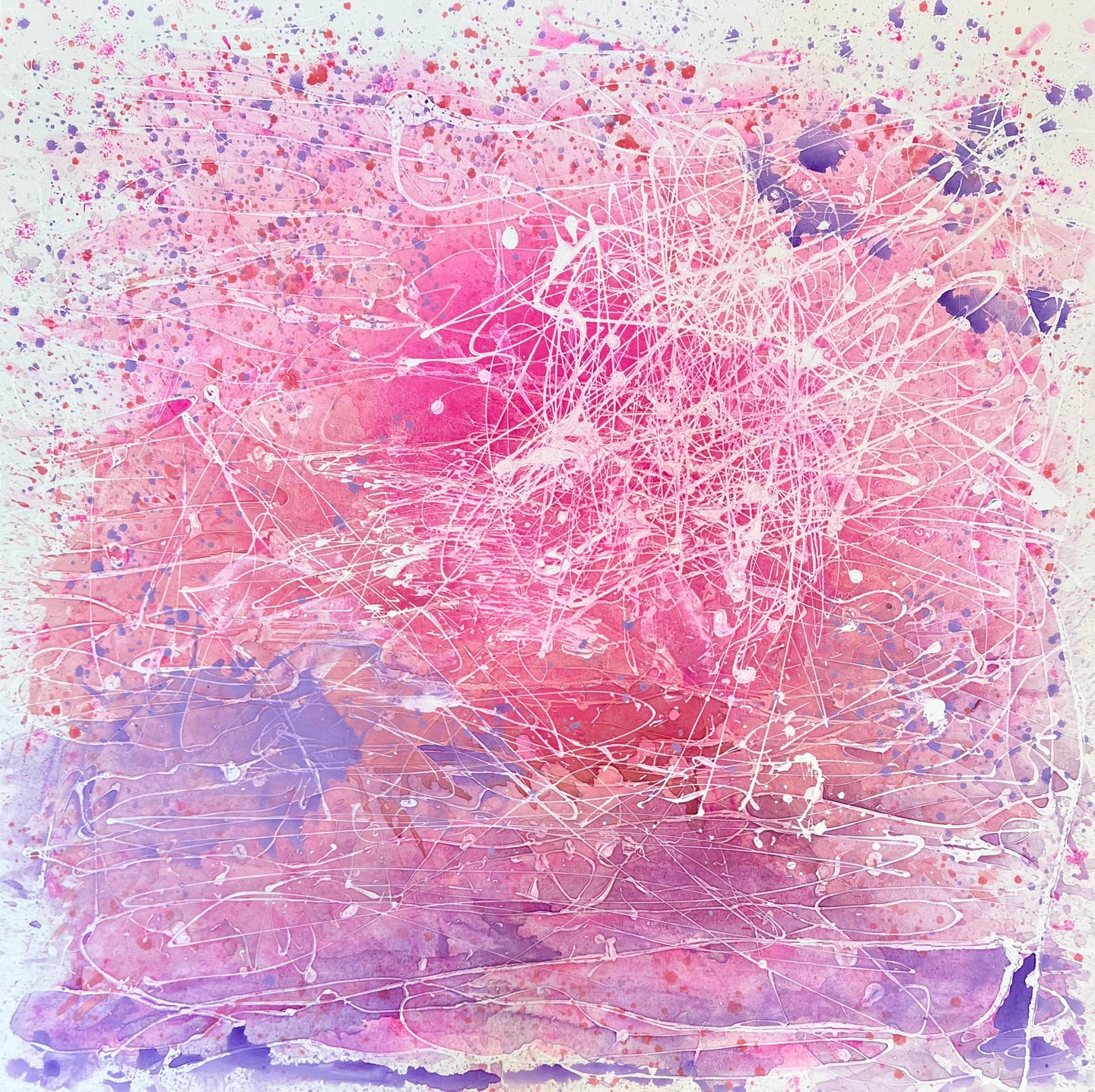 Abstract Expressionist artist J. Steven Manolis', Santa Catalina Sunset 1, pink and purples abstract wall art on canvas, 2023, Acrylic on paper, 48 x 48 inches