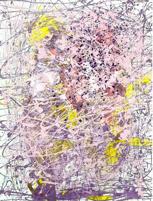 J. Steven Manolis Purple and Yellow abstract painting, Study of Purple and Yellow 2, 2024 in vitreous acrylic and latex enamel on paper, measuring 30 x 22.5 inches