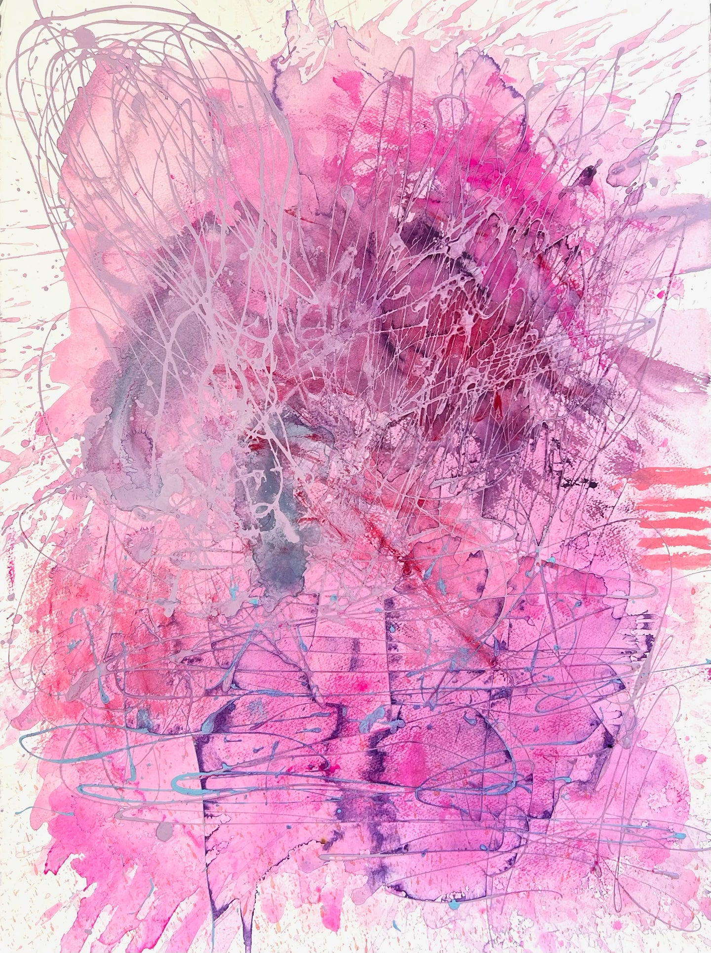 Abstract Expressionist artist J. Steven Manolis', Santa Catalina Sunset 6, pink and purples abstract wall art on paper, 2023, Acrylic on paper, 30 x 22.5 inches