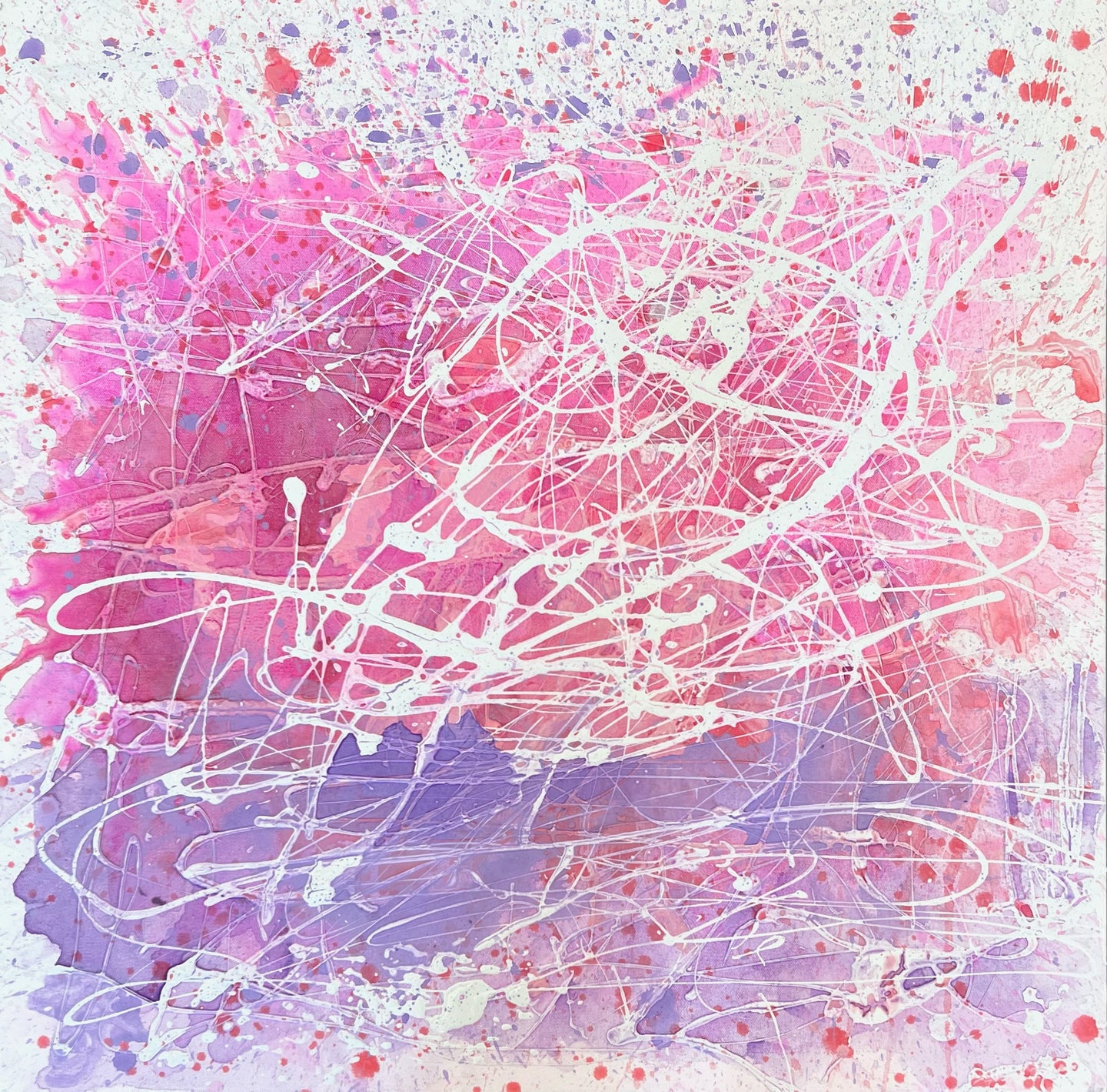 Abstract Expressionist artist J. Steven Manolis', Santa Catalina Sunset 3, pink and purples abstract wall art on canvas, 2023, Acrylic on paper, 30 x 30 inches