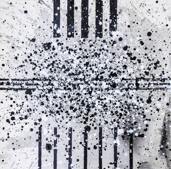 J. Steven Manolis, South Pointe Park (Black & White) 1, 2021, watercolor, acrylic and latex enamel on paper, 18 x 18 inches, black and white abstract art