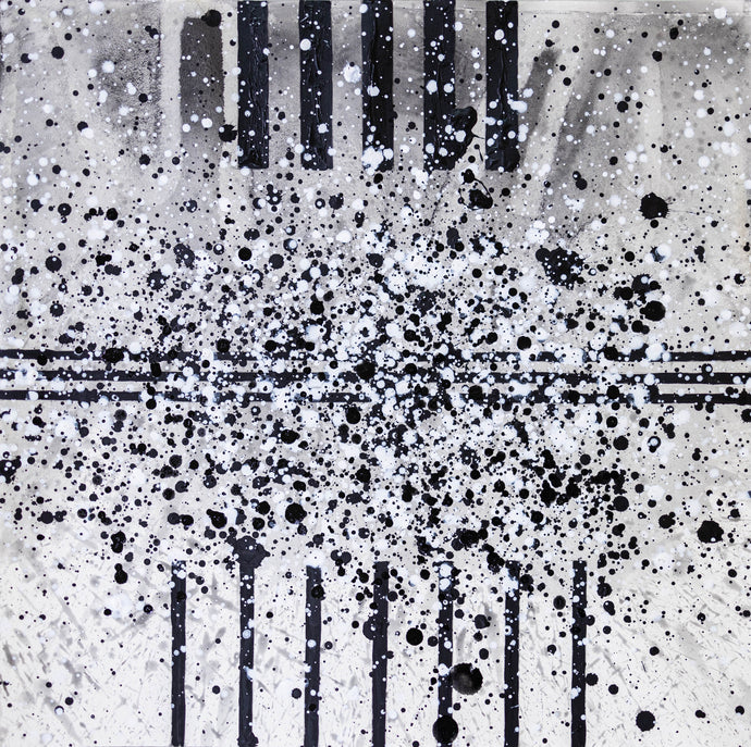 J. Steven Manolis, South Pointe Park (Black & White) 2, 2021, watercolor, acrylic and latex enamel on paper, 18 x 18 inches, black and white abstract art