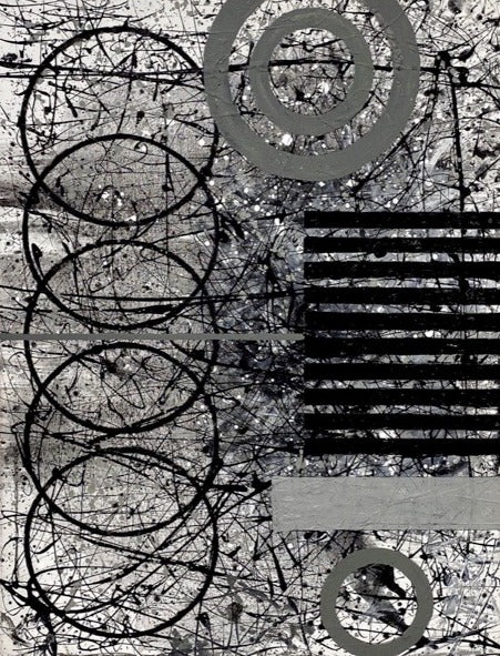 J. Steven Manolis, Black & White (Universe) 2020, 40 x 30 inches, Acrylic and Latex Enamel on Canvas, Black and White Abstract expressionism art for sale at Manolis Projects Art Gallery, Miami, Fl