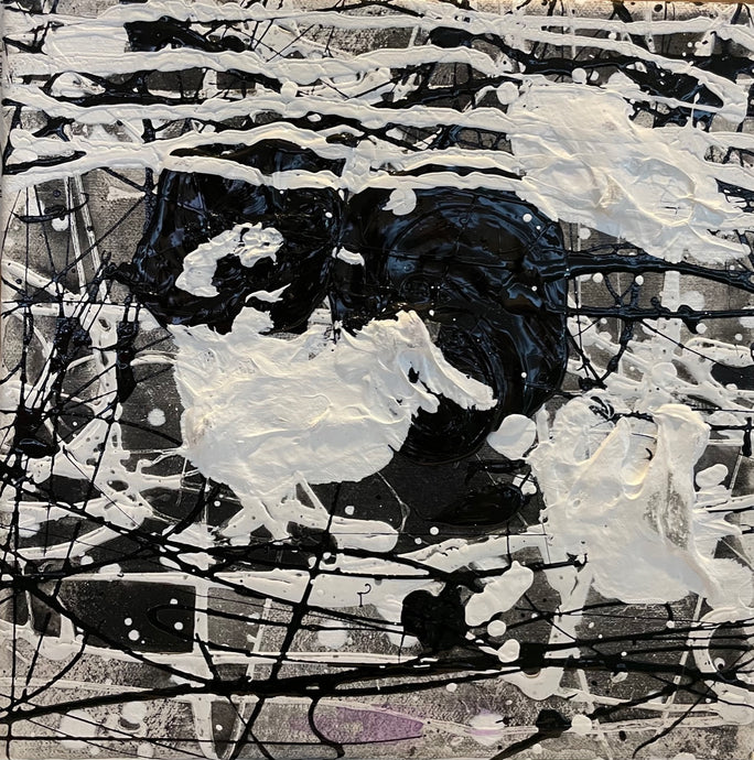 J. Steven Manolis, black & white, 10.10.21, Acrylic and latex enamel on canvas, 10 x 10 inches, Black and White Abstract painting, Abstract expressionism art for sale at Manolis Projects Art Gallery, Miami, Fl