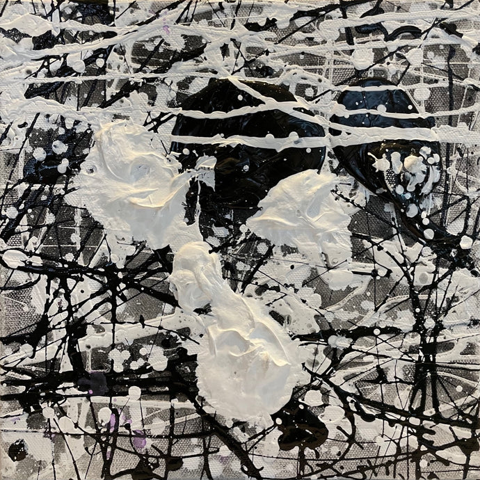 J. Steven Manolis, black & white, 10.10.38, Acrylic and latex enamel on canvas, 10 x 10 inches, Black and White Abstract painting, Abstract expressionism art for sale at Manolis Projects Art Gallery, Miami, Fl