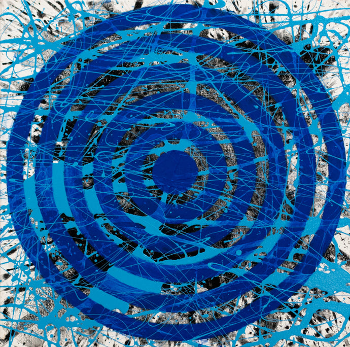 J. Steven Manolis, Blue Concentric 24.24.01, 2020, acrylic painting on canvas, 24 x 24 inches, geometric abstraction, Abstract expressionism art for sale at Manolis Projects Art Gallery, Miami, Fl