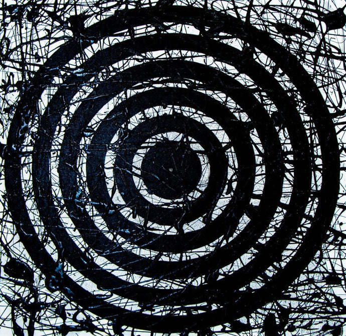 J. Steven Manolis, Black & White Concentric 2020, 30 x 30 inches, Acrylic painting on Canvas, geometric abstraction, Abstract expressionism art for sale at Manolis Projects Art Gallery, Miami, Fl