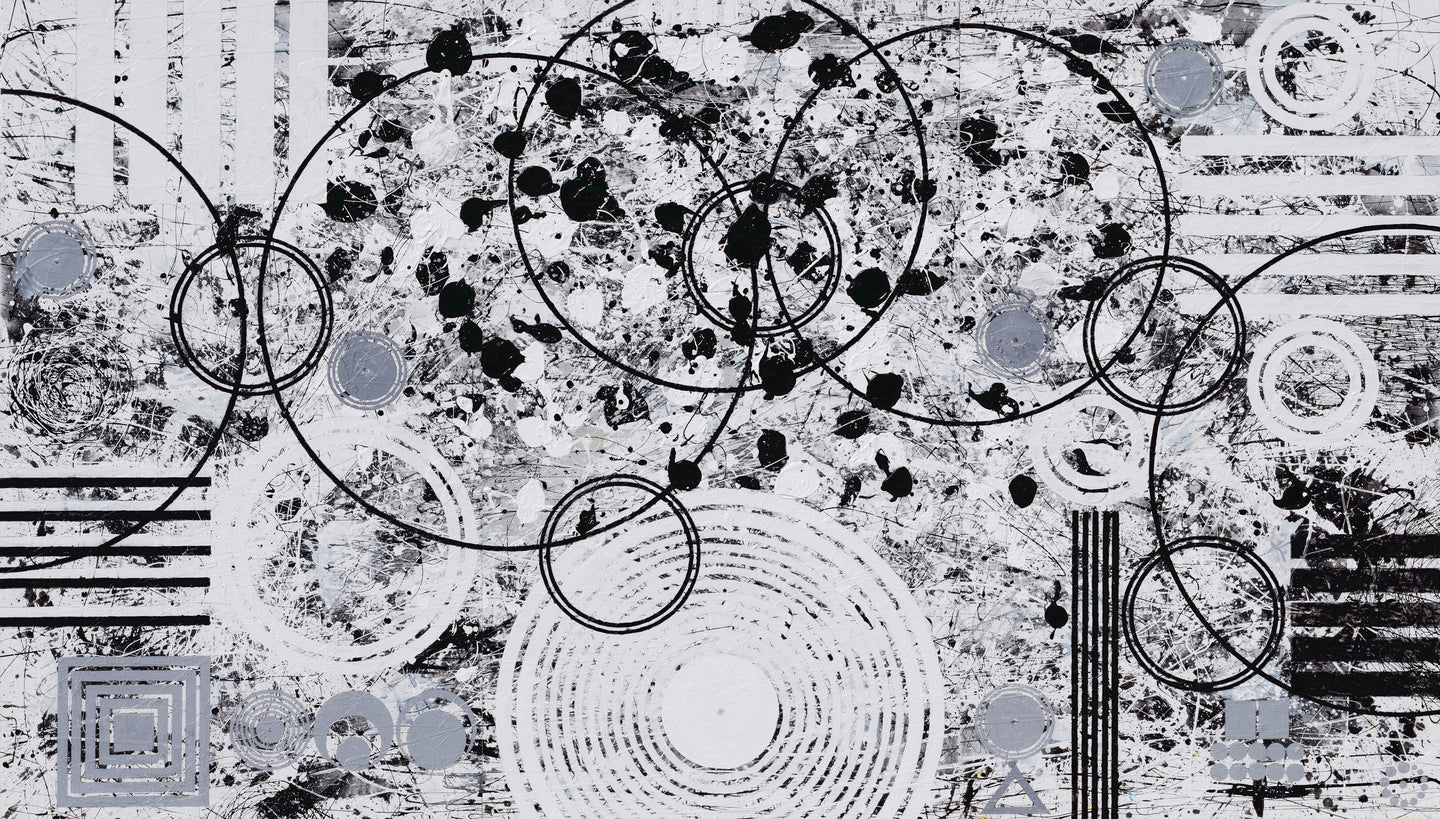 J. Steven Manolis, Black-and-White (Universe) 84.144.02, 2019, Acrylic on canvas, 84 x 144 inches, 84.144.02, Large Black and White Wall Art, Abstract expressionism paintings for sale at Manolis Projects Art Gallery, Miami, Fl