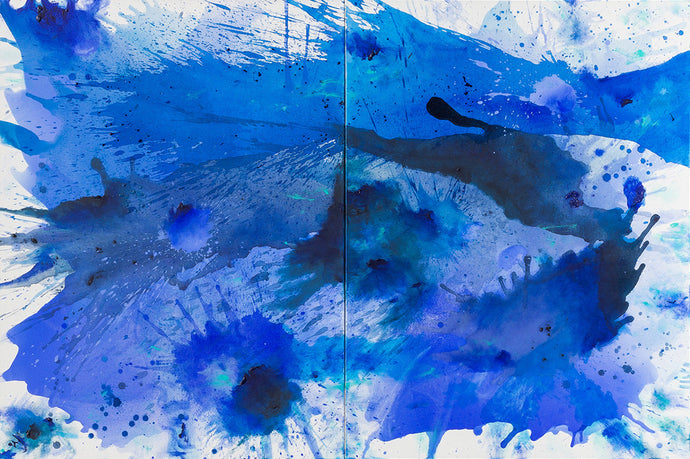 J. Steven Manolis, BlueLand-Splash, 2015, 48 x 72 inches, 2015.03, acrylic painting on canvas, Extra large Wall Art, Blue Abstract Art for sale at Manolis Projects Art Gallery, Miami, Fl