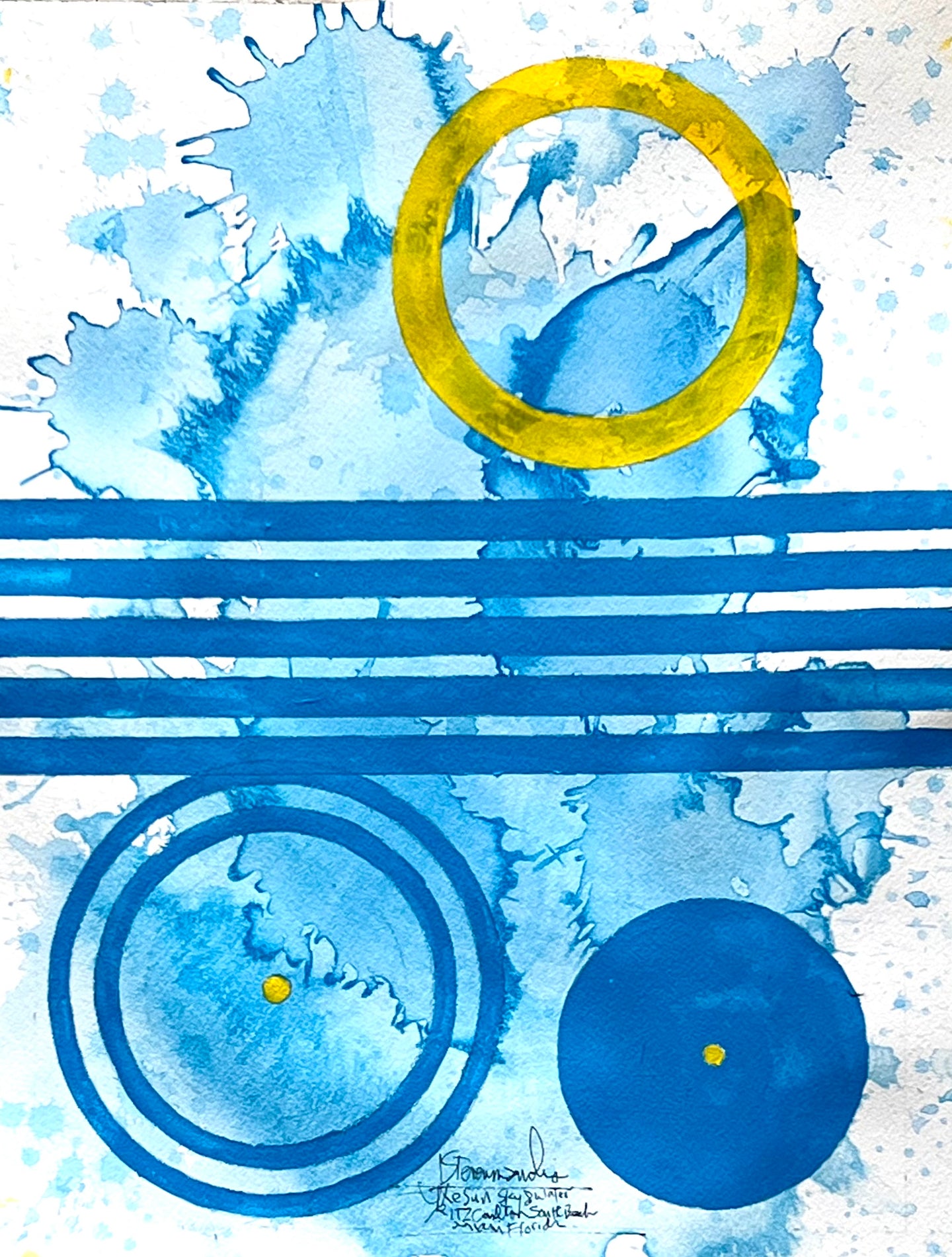 J. Steven Manolis' blue and yellow Abstract expressionist painting, 