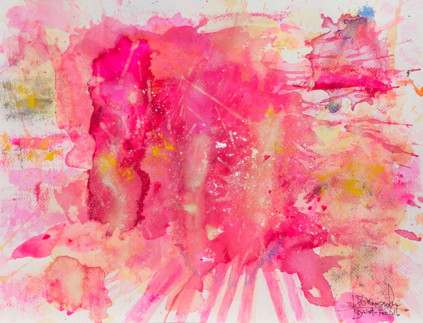 J. Steven Manolis, Flamingo-Key West, 1832-2016-1216.04, watercolor, gouache and acrylic painting on Arches paper, 12 x 16 inches, Pink Abstract Art, Tropical Watercolor paintings for sale at Manolis Projects Art Gallery, Miami, Fl