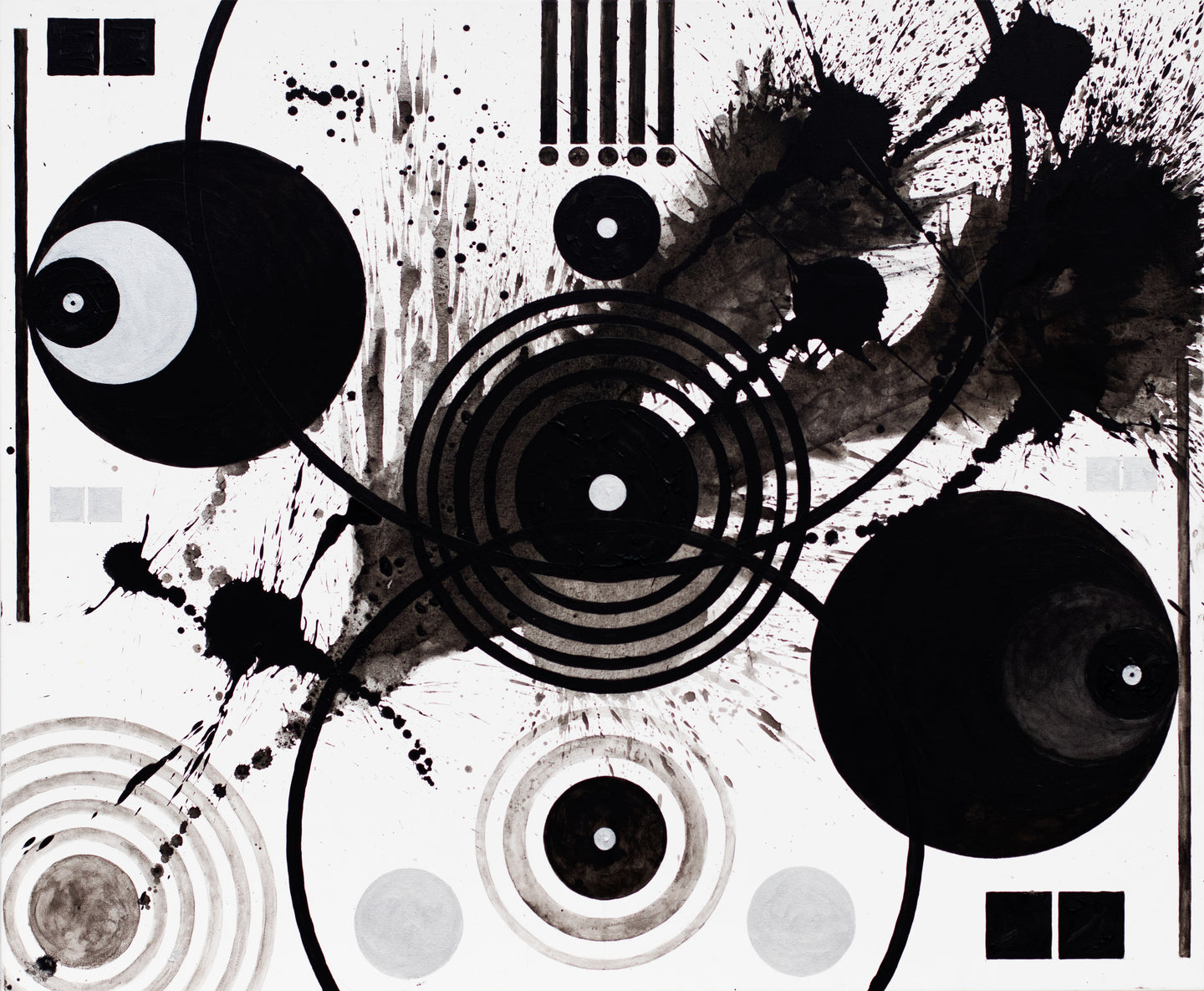 J. Steven Manolis, Black and White (Splashes, Symbols, and Marks),  2018, 60 x 72 inches, Large Black and White Wall Art, Abstract expressionism art for sale at Manolis Projects Art Gallery, Miami, Fl