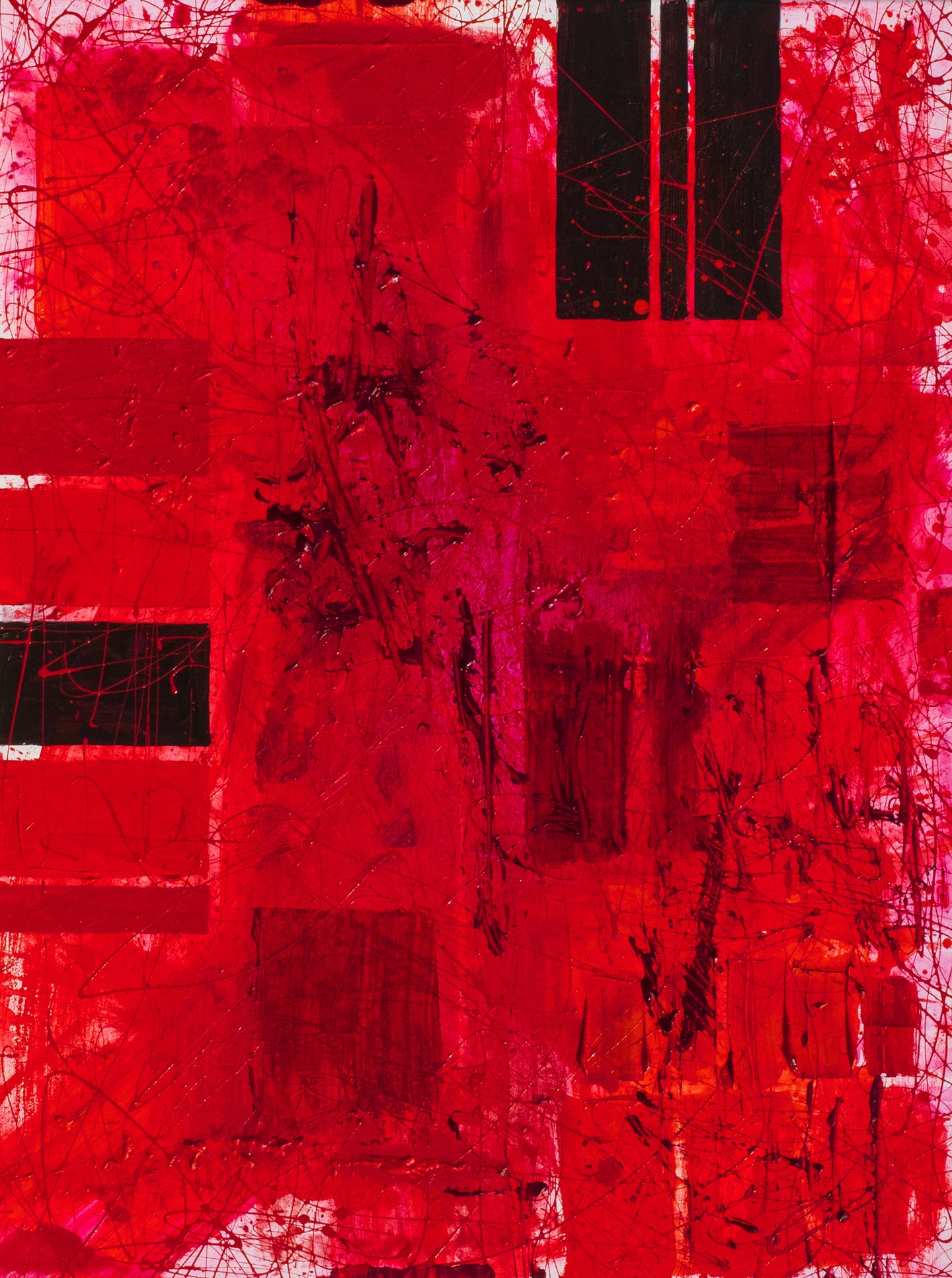 J. Steven Manolis, REDWORLD, 2019.02, acrylic and latex enamel on canvas, 48 x 36 inches, Red and Black Abstract, Abstract expressionism art for sale at Manolis Projects Art Gallery, Miami, Fl