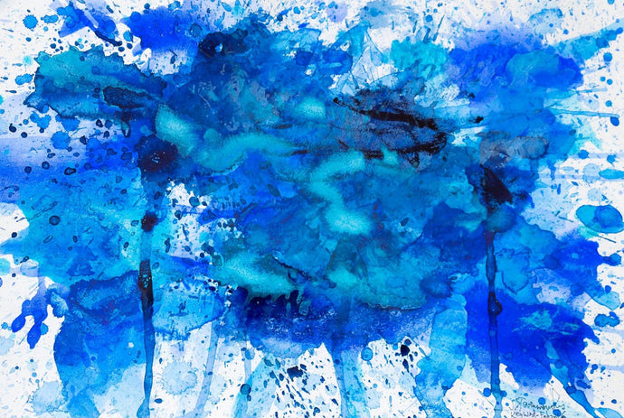 J. Steven Manolis, Splash-Key West (12.16.02), 2016, Watercolor, Acrylic and Gouache on paper, 12 x 16 inches, blue abstract expressionism art