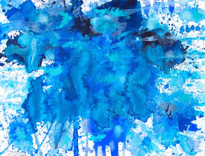 J. Steven Manolis, Splash-Key West (12.16.03), 2016, Watercolor, Acrylic and Gouache on paper, 12 x 16 inches, blue abstract expressionism art