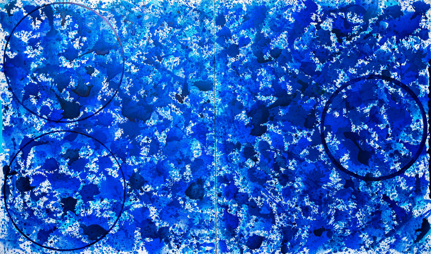 J. Steven Manolis, Splash, 2020, acrylic painting on canvas, 72 x 120 inches, Extra large Wall Art, Blue Abstract Art for sale at Manolis Projects Art Gallery, Miami, Fl