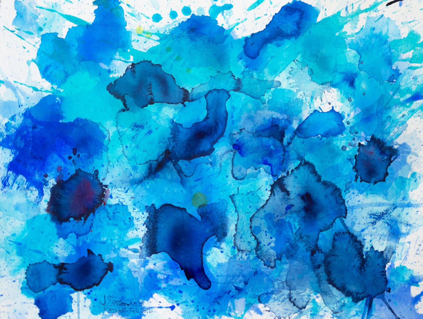 J. Steven Manolis, Splash (Key West), 12.18.14, 2016, Watercolor and Acrylic on paper, 12 x 18 inches, Blue abstract expressionism watercolor art