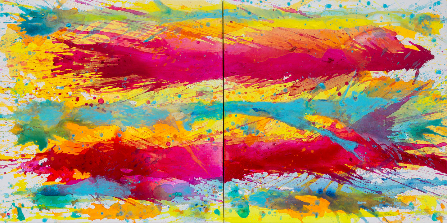 J. Steven Manolis, Biscayne Bay-Sun, Water & Sky 2014.04 (diptych), acrylic on canvas, 36 x 72 inches, Abstract Tropical Painting, Miami Wall art For sale at Manolis Projects Art Gallery, Miami Fl