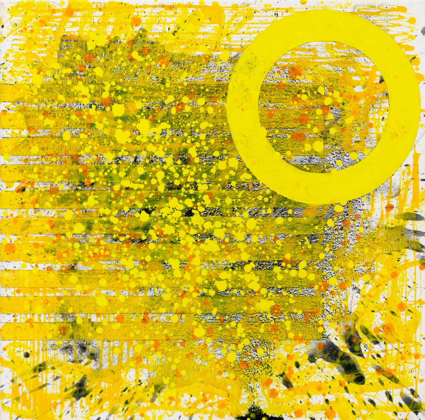 JSM, Sunshine (The Light after the Darkness)24.24.02, 2020, acrylic on canvas, 24 x 24 inches, Sunshine art, Yellow and black Abstract Art for Sale at Manolis Projects Art Gallery, Miami Fl