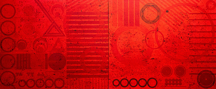 J. Steven Manolis, REDWORLD GLAZE (Self Portrait), 2020, 60 x 144 inches, Acrylic on Canvas, Red Abstract Art, Large Abstract Wall Art for sale at Manolis Projects Art Gallery, Miami, Fl