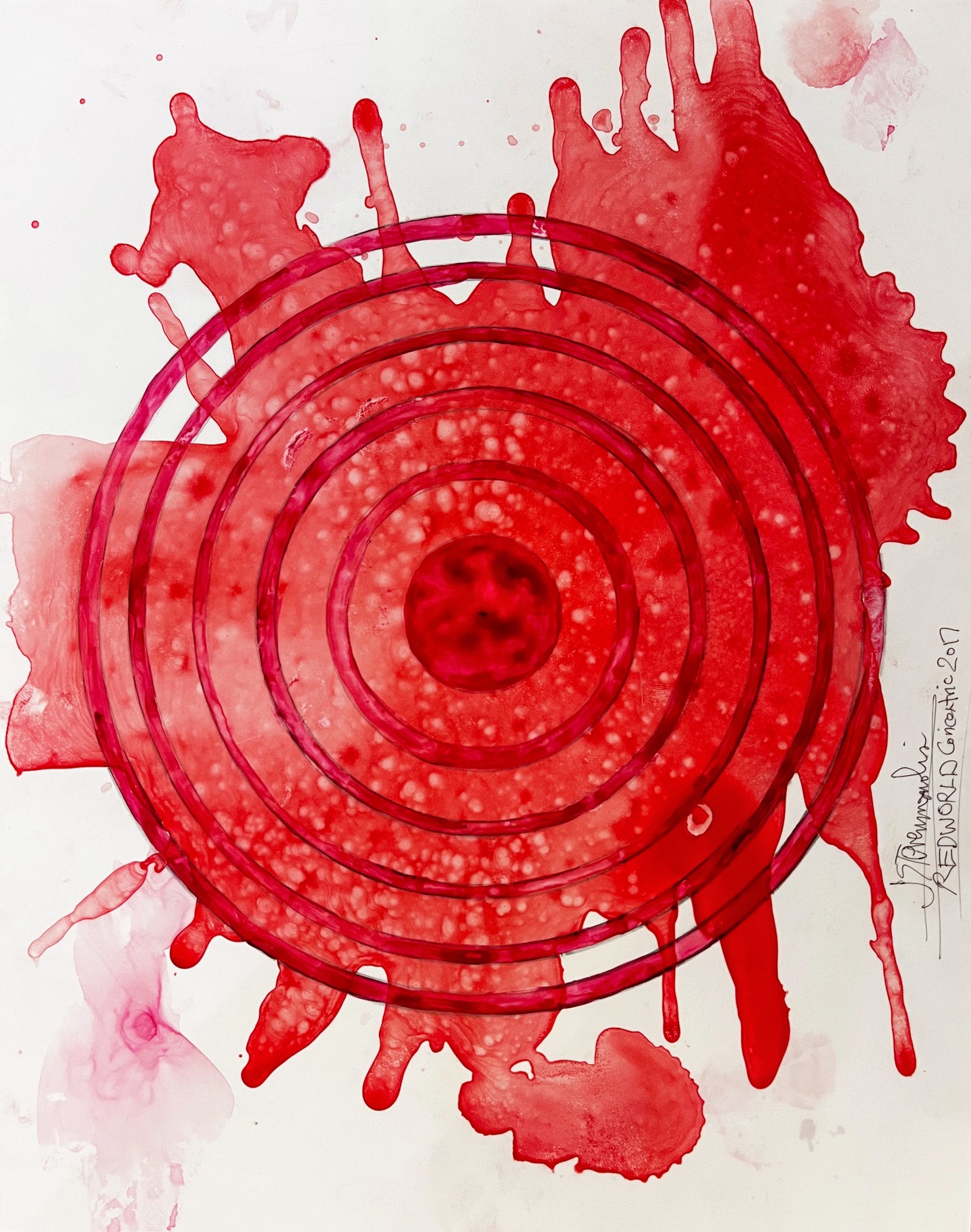 J. Steven Manolis', 17 x 14 inch, red concentric abstract expressionist painting, REDWORLD 17 (Concentric), in vitreous acrylic paint on paper