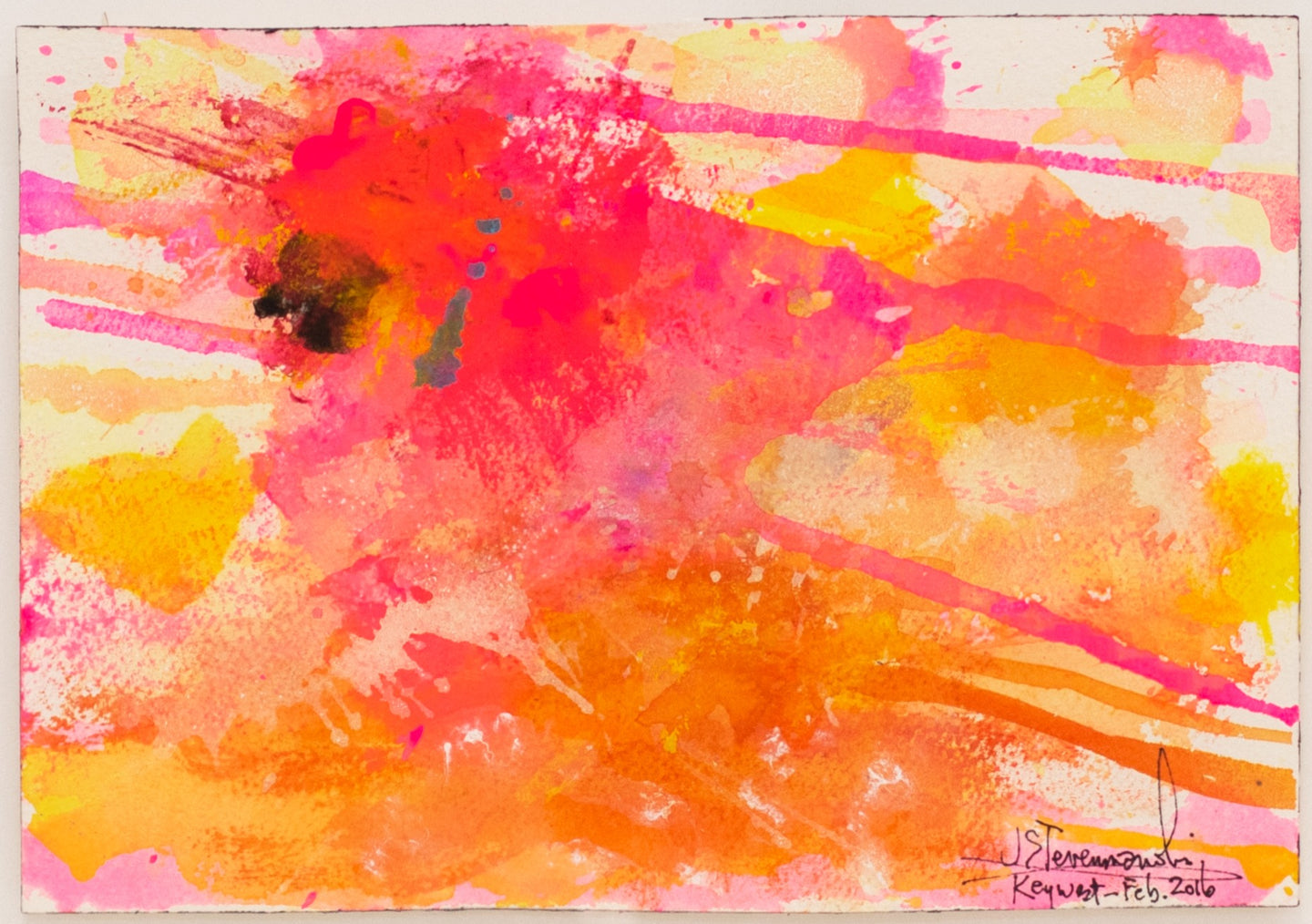 J. Steven Manolis, Flamingo 1832-2016 (Key West) 07.10.03, watercolor painting on paper, 7 x 10 inches, Pink and orange Abstract Art, Tropical Watercolor paintings for sale at Manolis Projects Art Gallery, Miami, Fl