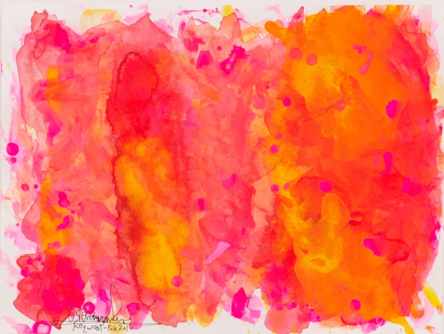 J. Steven Manolis, Flamingo 1832-2016 (Key West) 09.12.01, 2016, watercolor painting on paper, 9 x 12 inches, Pink and orange Abstract Art, Tropical Watercolor paintings for sale at Manolis Projects Art Gallery, Miami, Fl