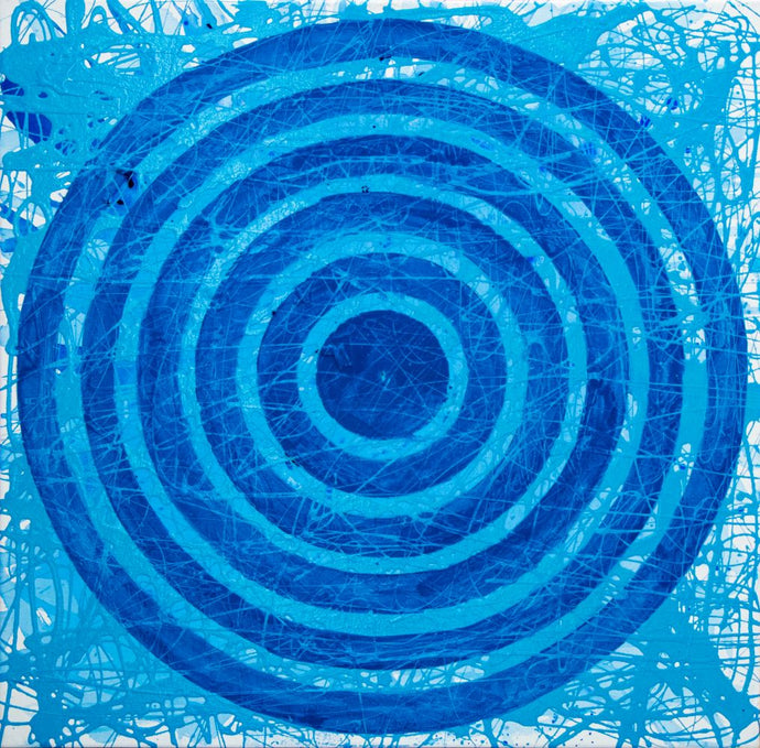 J. Steven Manolis, Concentric Blue Sky, 2020, 30 x 30 inches, Acrylic painting on Canvas, geometric abstraction, Abstract expressionism art for sale at Manolis Projects Art Gallery, Miami, Fl